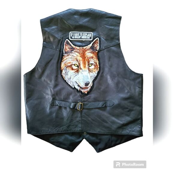 Black Leather Vest  with embroidery wolf on back, - Picture 1 of 9